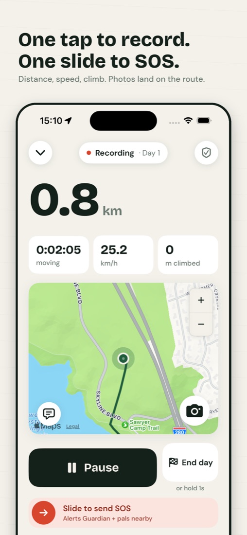 TrailsPals iPhone recording screen with distance, route map, pause and end-day controls